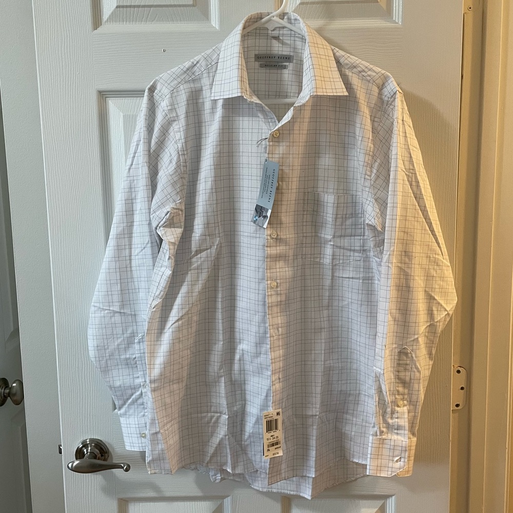 NWT Geoffrey Beene white grid print button down shirt
